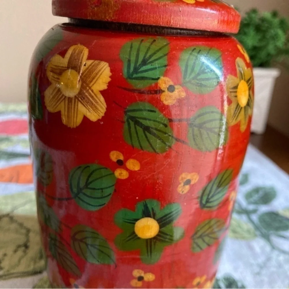 Retro Pier 1 Exports red painted decorative wooden jars with lids
